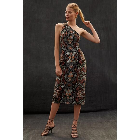 Anthropologie One Shoulder Jacquard Midi Dress Sz MP NEW Black Golden Yellow - Picture 1 of 11